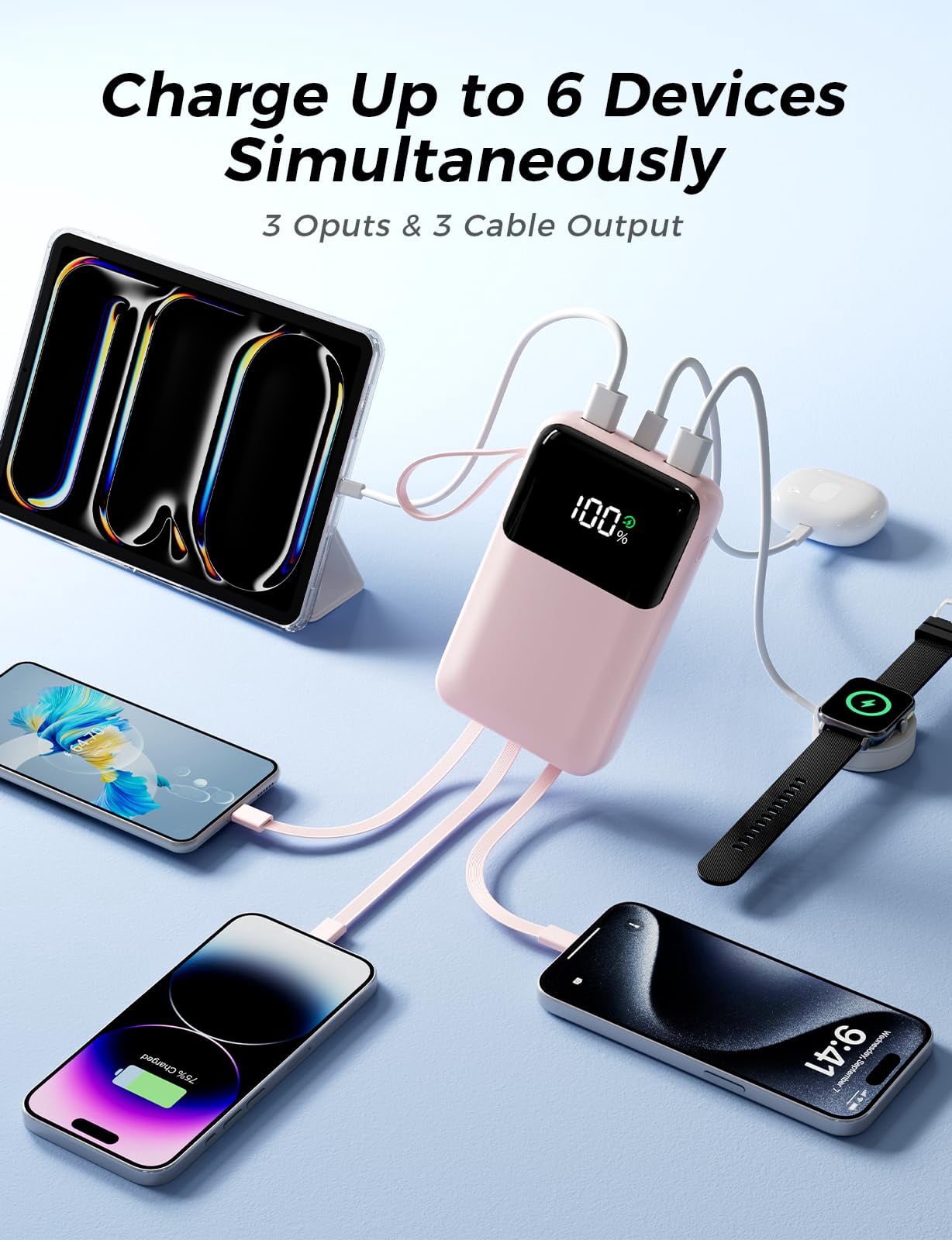 Power Bank, 15000mAh Portable Charger with Built in Cable, 22.5W Fast Charging, 6 Outputs, Slim Travel Essential Battery Pack with LED Display, Compatible with iPhone 17/16/15/14/13, Samsung, iPad