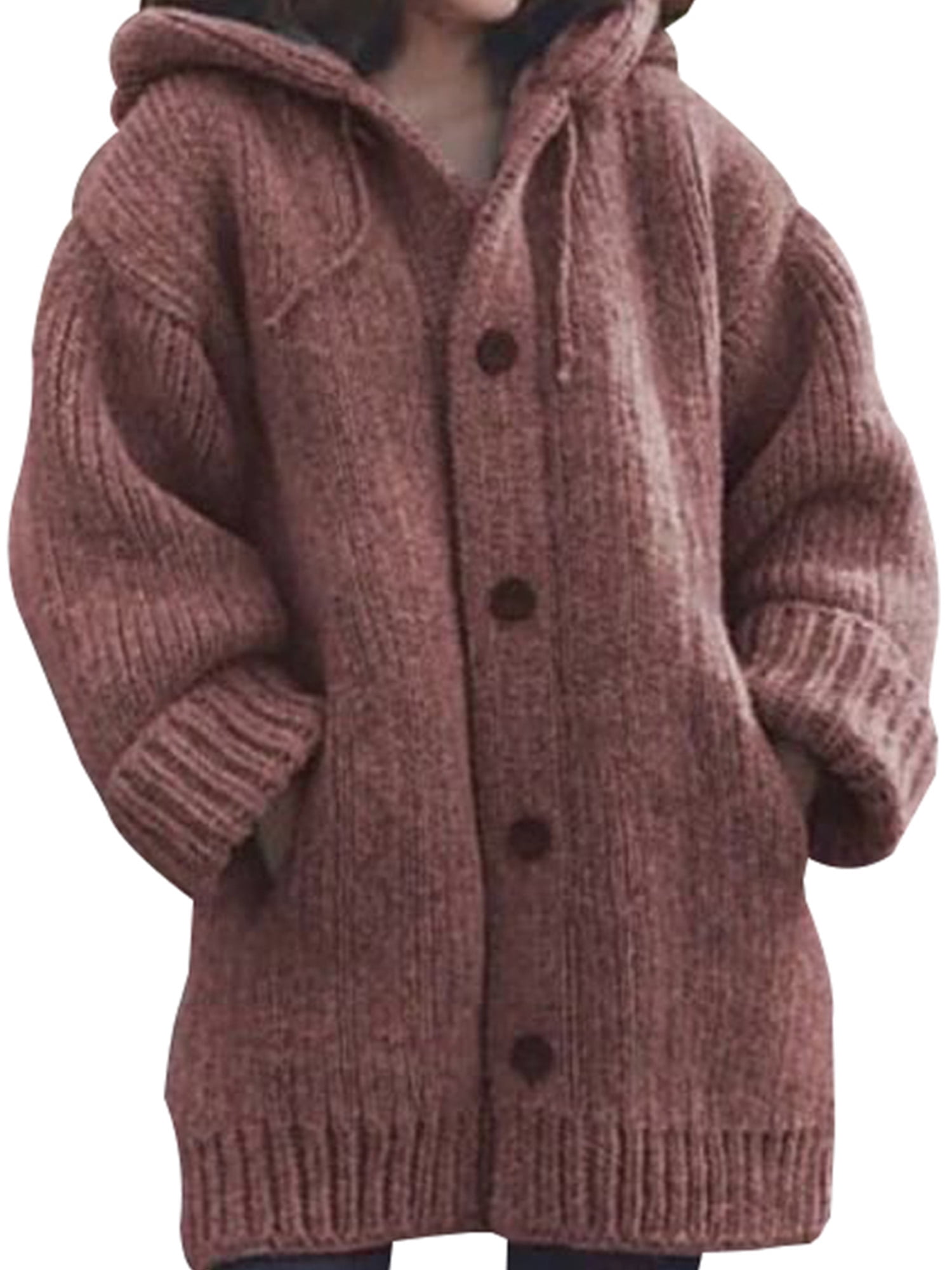Women Loose Cardigan Wool Coat Winter Jacket Plus Size Button Plush Hooded Tops