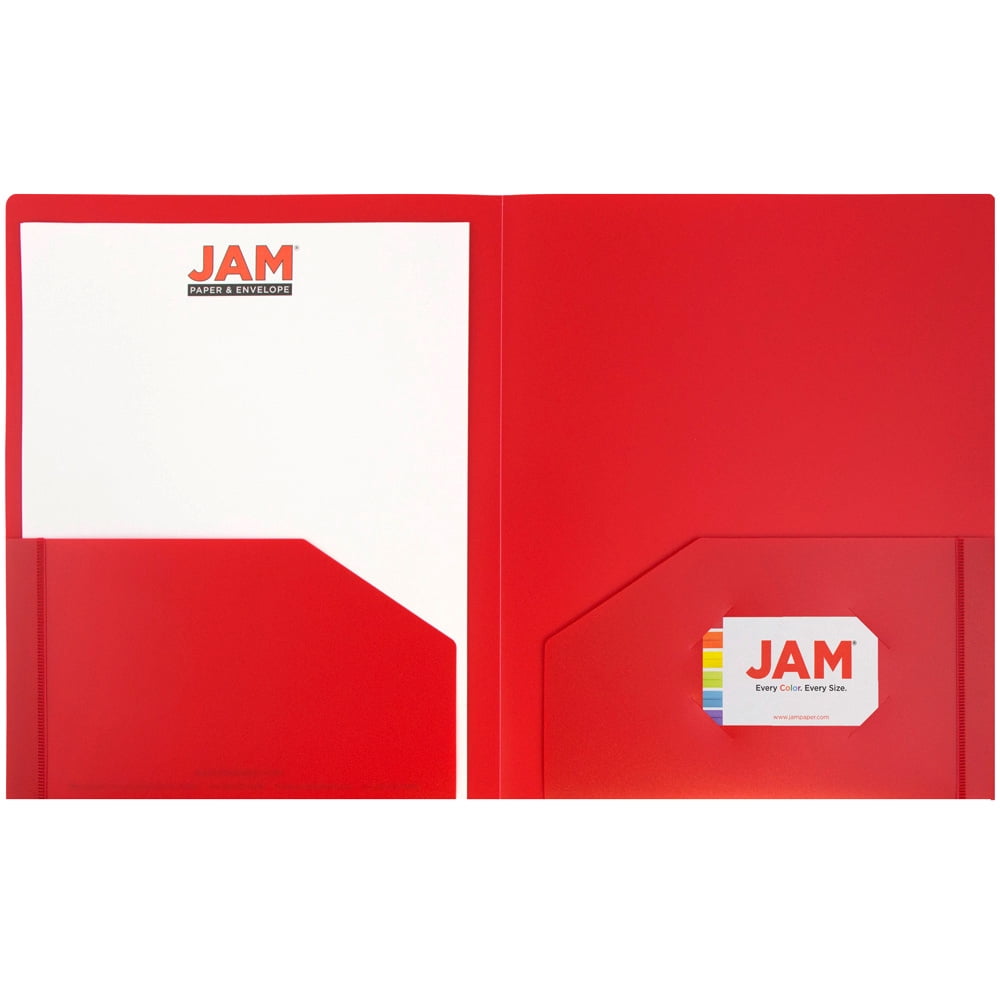 JAM Paper Heavy Duty Plastic Two Pocket Presentation Folders, Red, 6 Pack