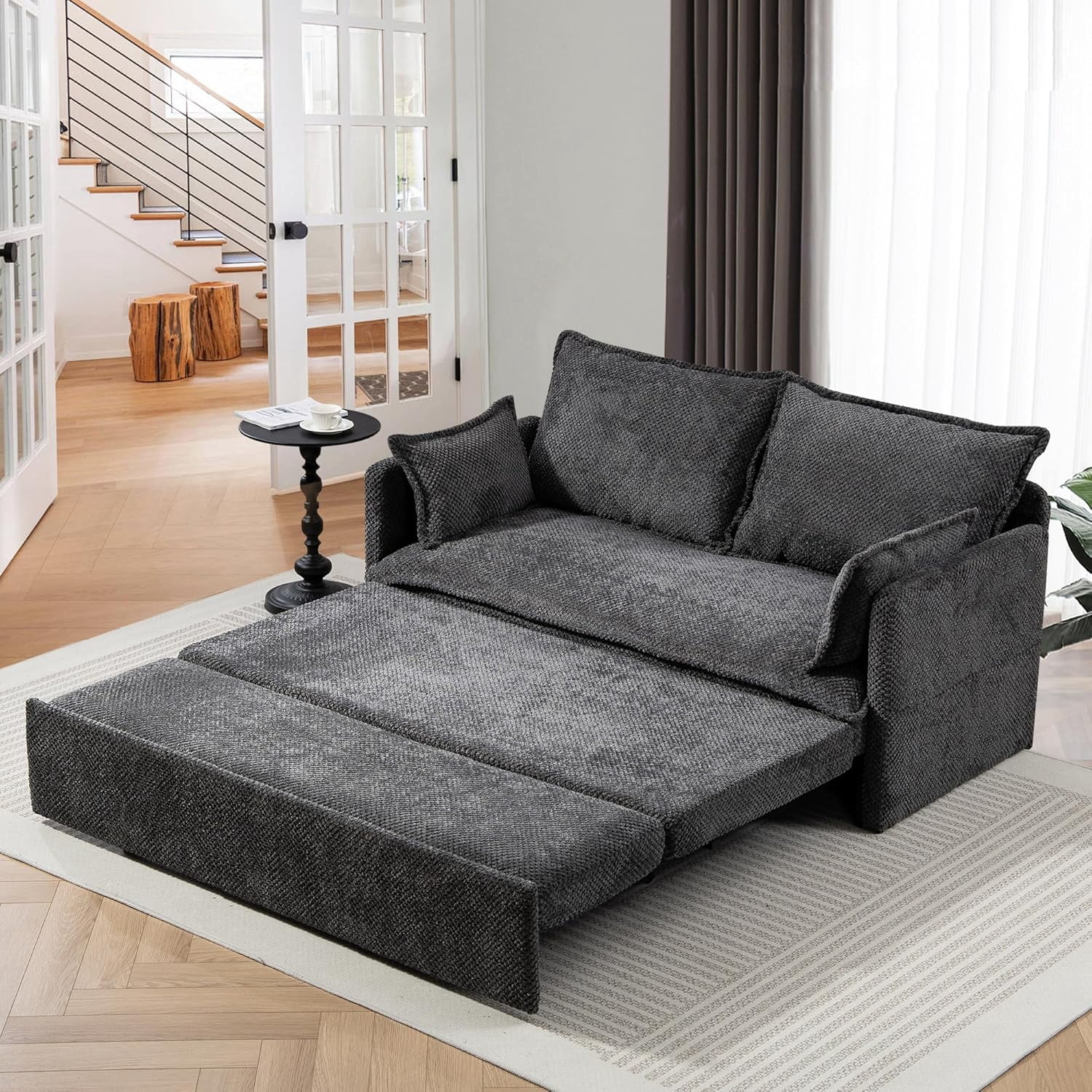 Modern Convertible Sleeper Sofa with USB Charging, Queen-size Corduroy Upholstery Sofa Bed, Gray