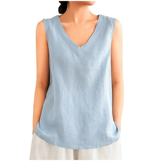 Dealovy Womens Cotton Linen Tank Tops V Neck Sleeveless Shirts Solid Color Loose Fitted Basic Top