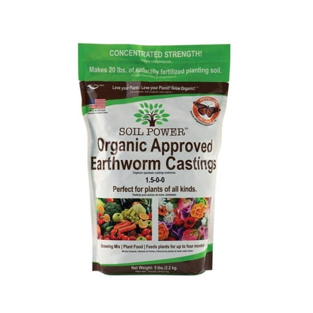 SOIL POWER Worm Castings Organic Fertilizer. Plant Food. 5 Lb. Bag Concentrated Strength (Makes 20 Lbs.) Non-GMO. AVA Approved & Recommended. Sustainable. Bee & Butterfly (Best Soil For Snake Plant)