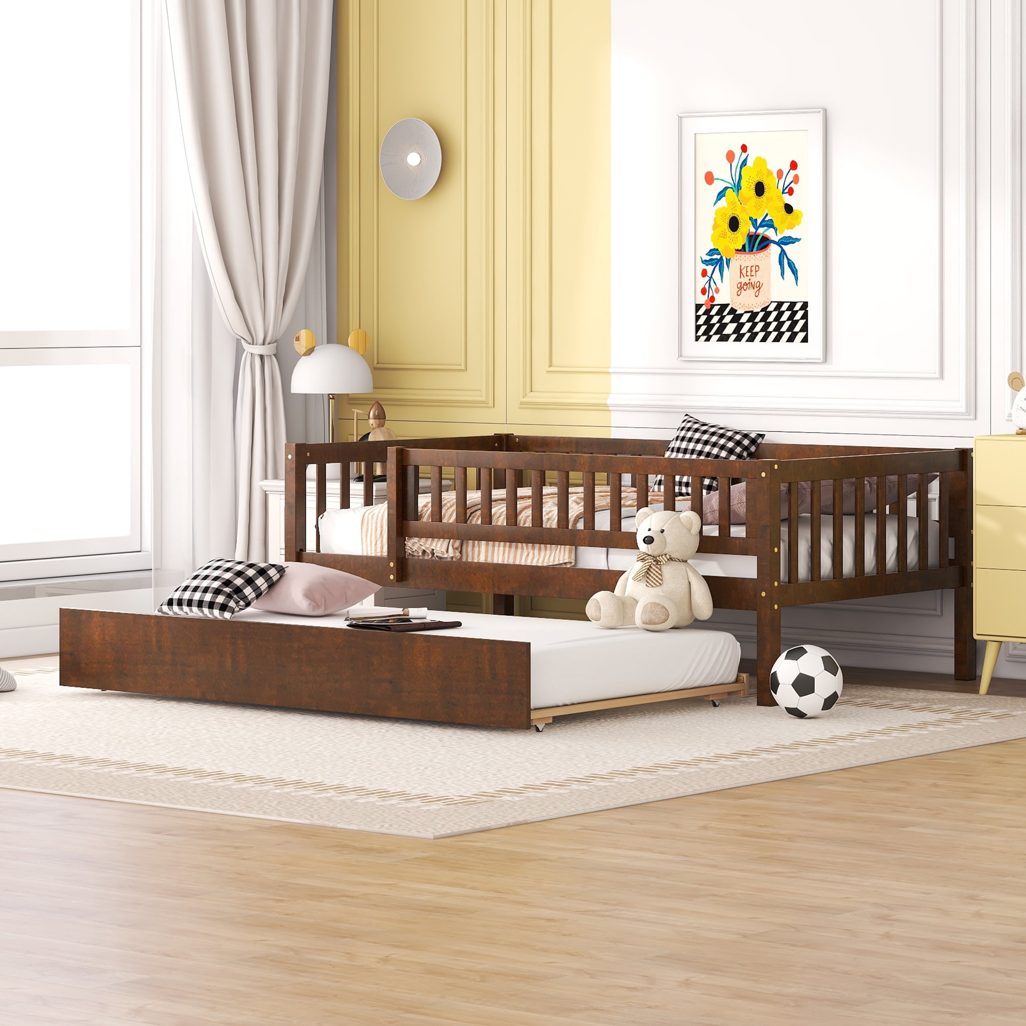 Holaki Twin Size Wood Bed with Trundle and Guardrails for Kids, Walnut