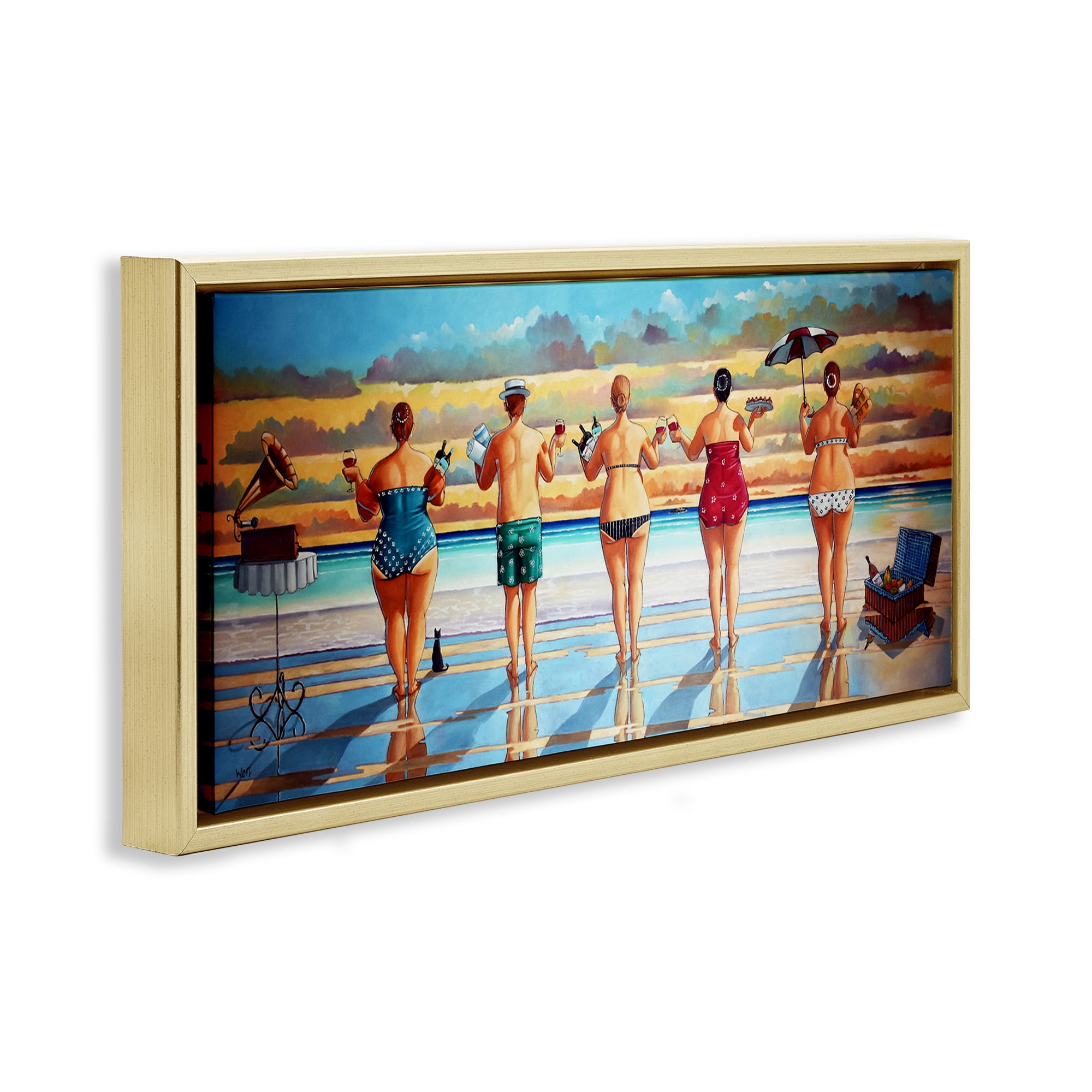 Stupell Industries Beach Friends Coastal Summer Fun Nature Painting Gold Floater Framed Canvas Art Print Wall Art, 25 x 11