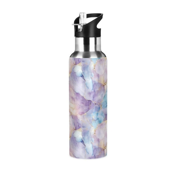 Yayeee 20oz Double Wall Stainless Steel Water Bottle with Flip Straw, Purple Marble Pattern
