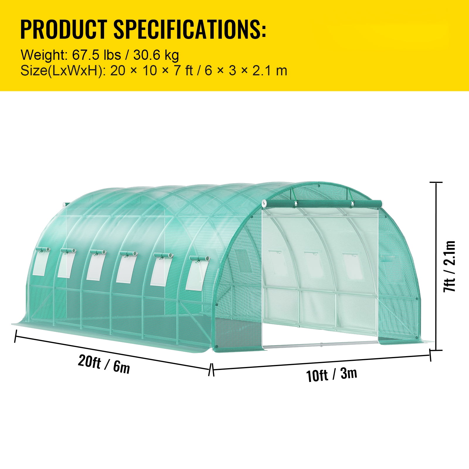 KFFKFF Walk in Greenhouse, 20 x 10 x 7 ft, Movable Plant Warm House with Zinc-Coated Steel Arches, Trio Upper Bars, Dual Zippered Entrances & Dozen Roll-up Panes, Green