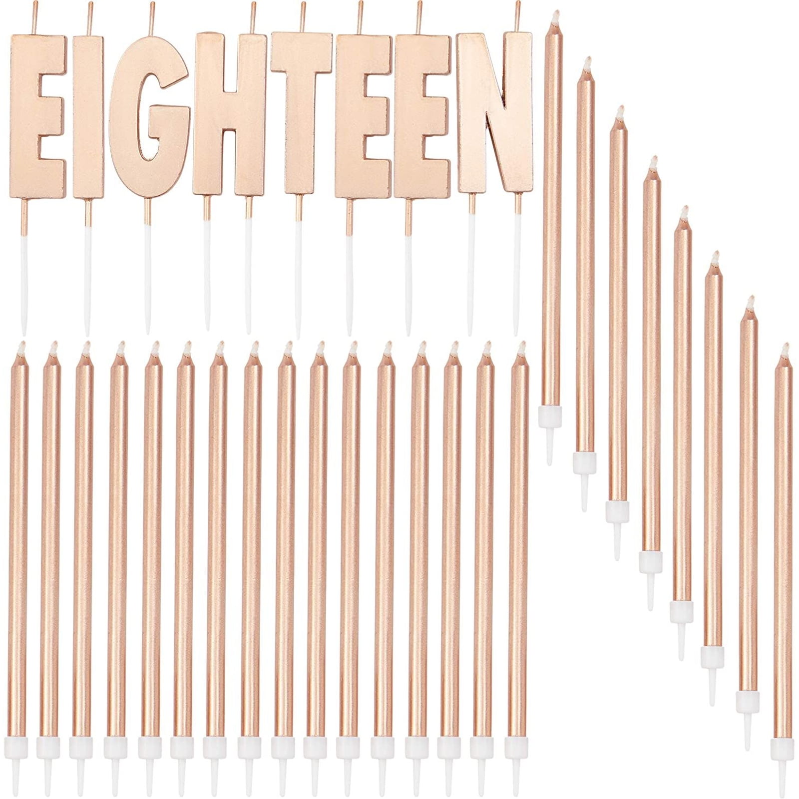 32 Count Rose Gold Long Thin 18th Birthday Cake Candles with Holder and Letter Candle 'EIGHTEEN' Dessert Cake Topper Value Pack, for Women Girls Party Decoration Celebration