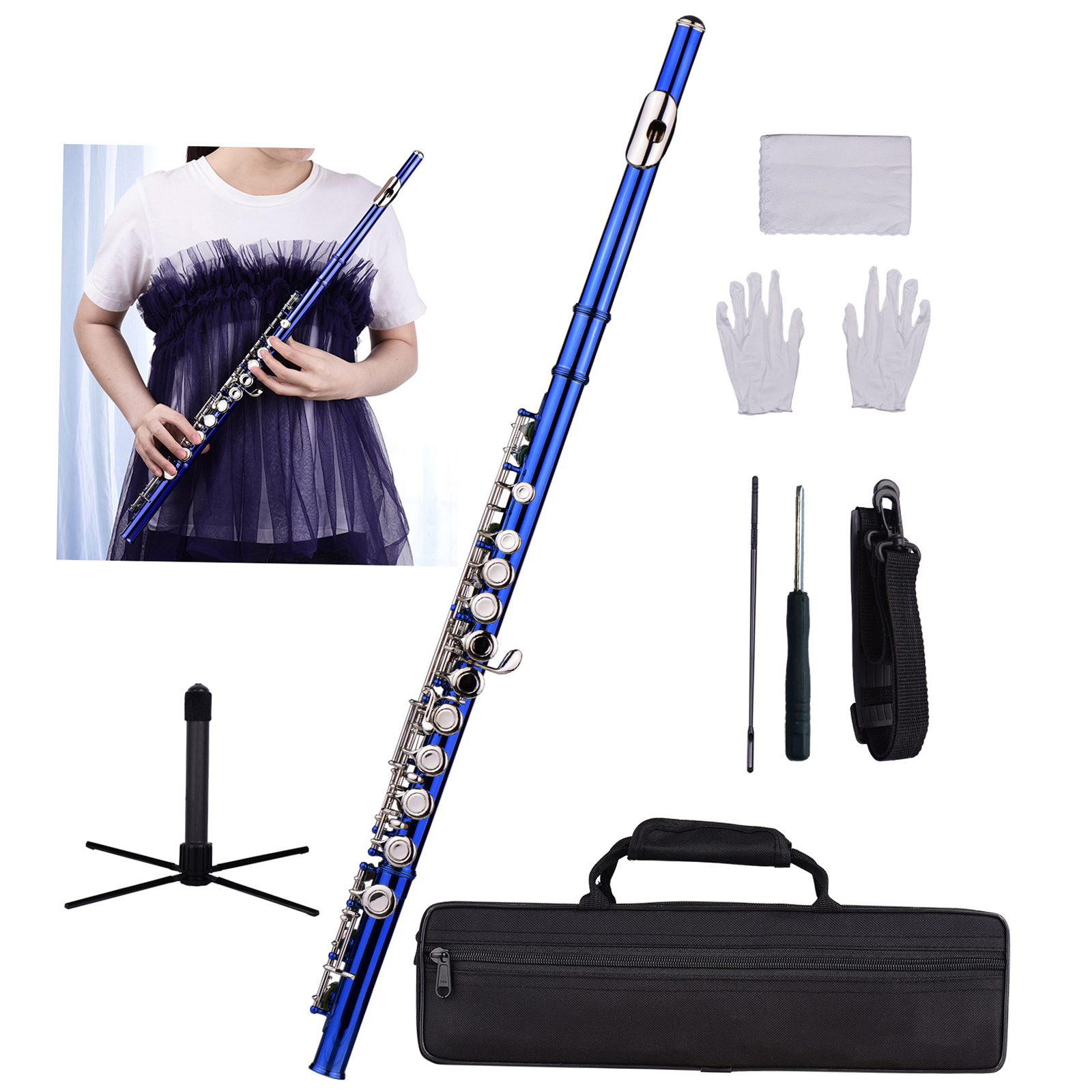 Flute,Flute Stand Cloth Carry Flute Stand Flute 16 Cupronickel With Carry Flute Cupronickel Nickel-plated Wind C Flute 16 Rod Plated Flute C Flute Lsfyyds C Duodo Nickel Plated Siuke Dark