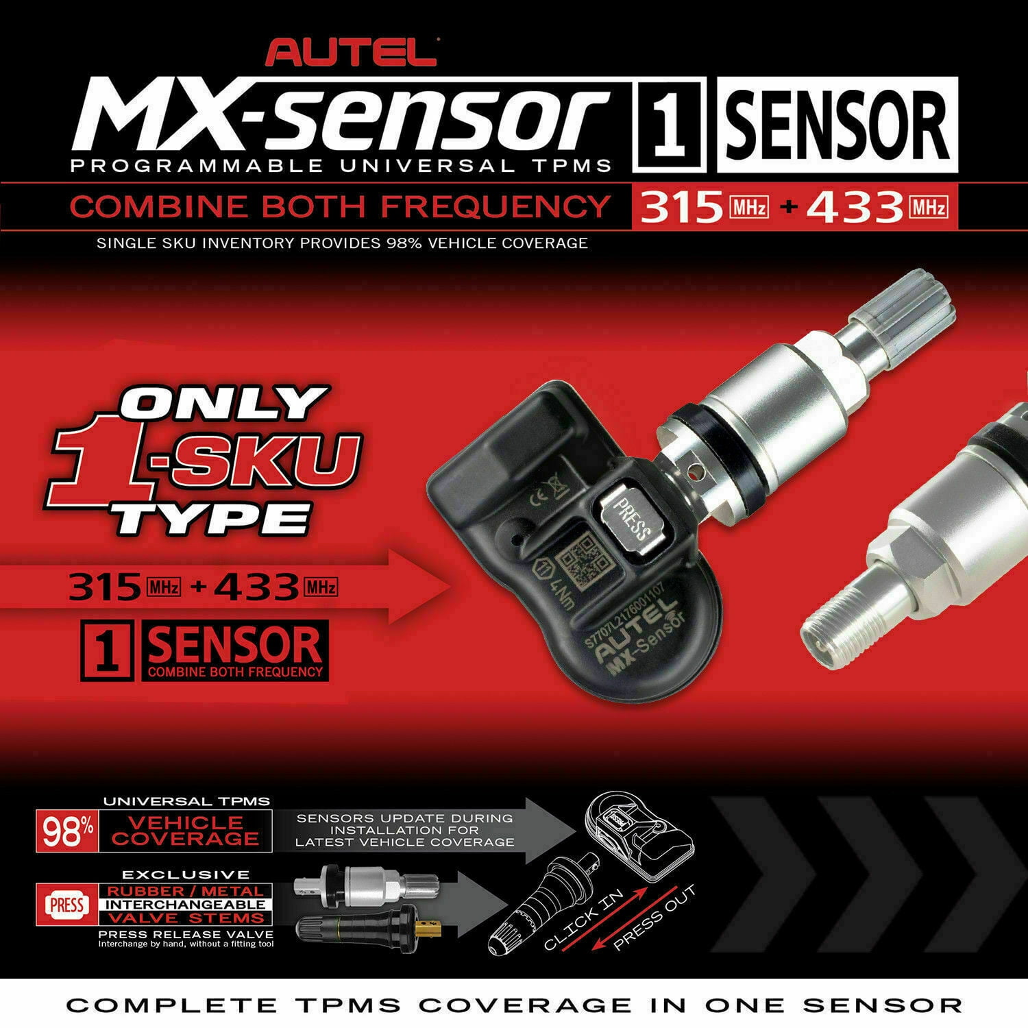 Autel MaxiTPMS MX Sensor 4pcs Metal Stem TPMS Sensor 315MHz/433MHz Universal Tire Replacement Sensor Work With TS401 TS408 TS501 TS508 TS601 TS608 MK808TS MX808TS MS906TS ITS600
