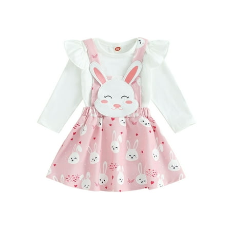 

Suealasg Newborn Girls Easter Outfits 3M 6M 9M 12M 18M Infant Girls Long Sleeve Ruffle Romper + Bunny Suspender Skirt Set 2Pcs Baby Girls Easter Spring Clothes Set