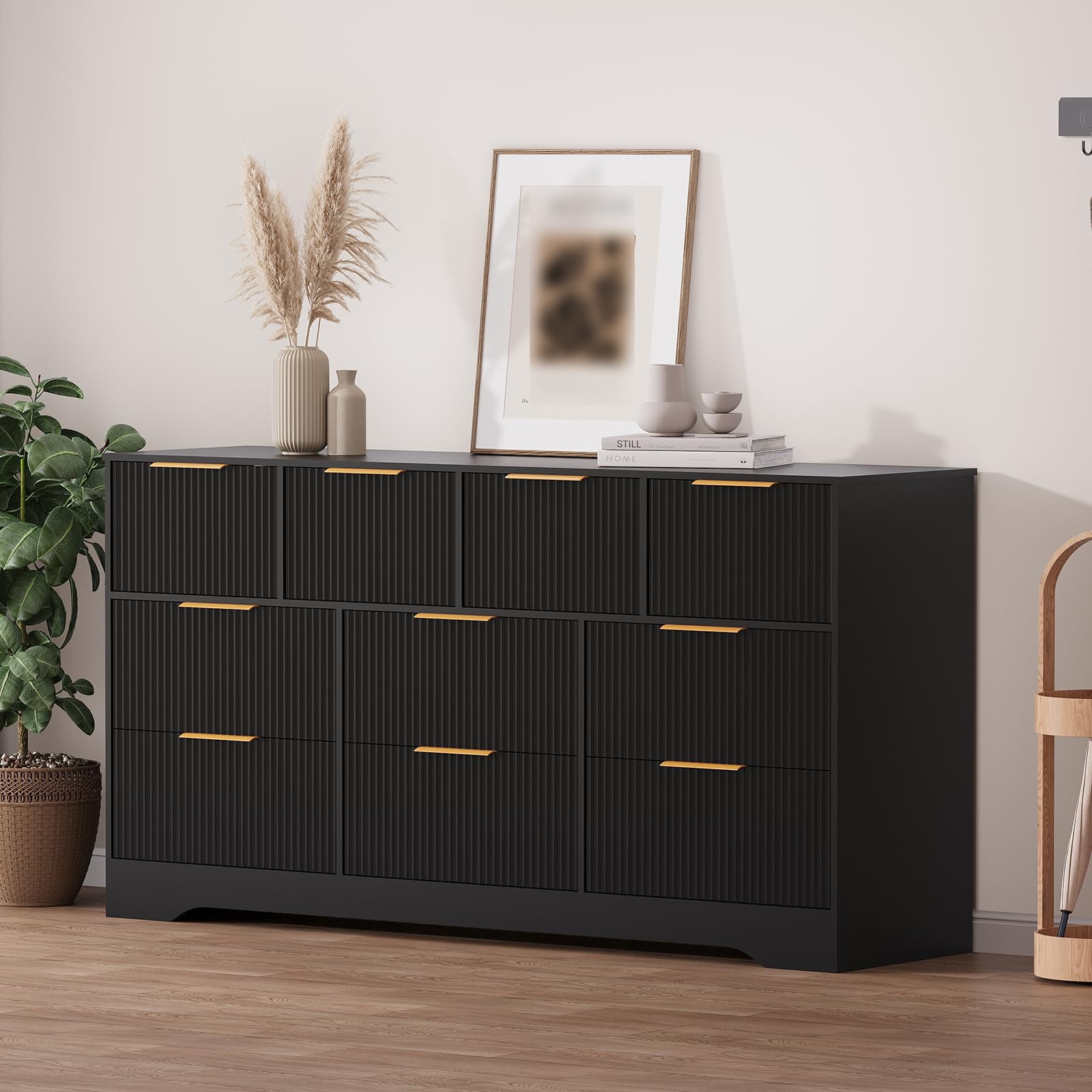 Fluted Design 10-Drawer Dresser - 59" Wide Modern Wood Chest for Bedroom, Living Room TV Stand or Hallway Storage Organizer with Wood Frame, Black