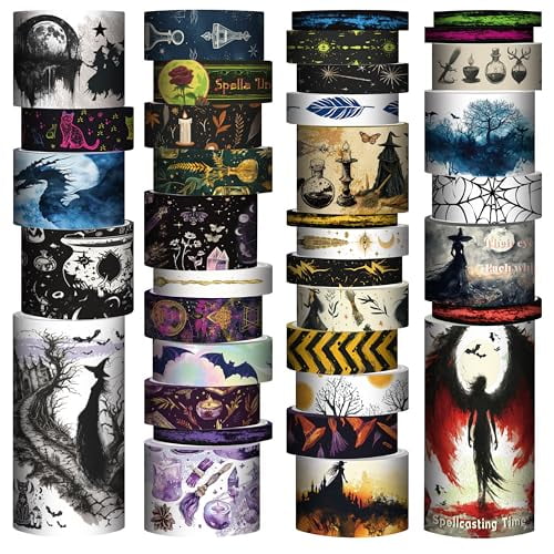 Washi Tape Set 37 Rolls - Witches Theme Colored Decorative Adhesive Tape for Journaling, Vintage Artists Tape for Junk Journaling Supplies, Scrapbooking, DIY Crafts, Gift Wrapping, Planner