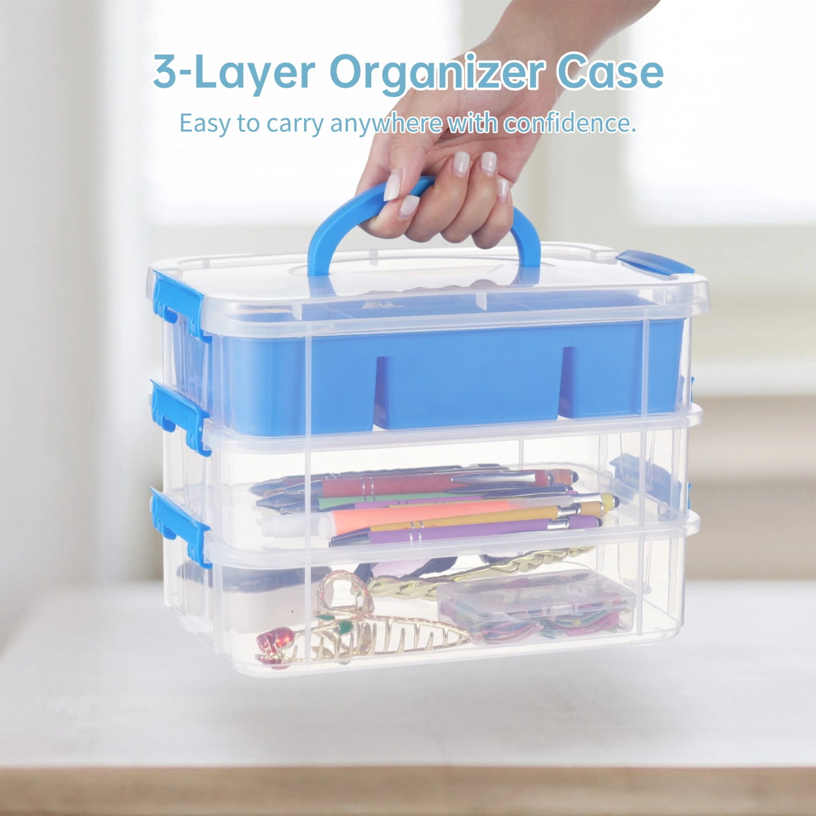 3-Layer Organizer Case Stack & Carry Box, Plastic Multipurpose Storage Container Box, Portable Handled Storage Box with Removable Tray for Organizing Sewing Supplies