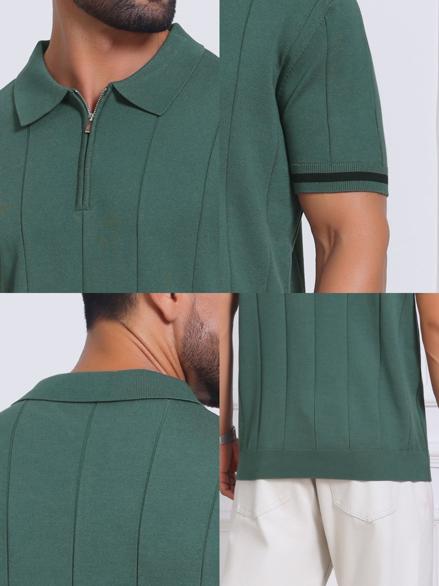 DARING DIVA Men's Textured Zip Up Ribbed Hem Short Sleeve Golf Polo Shirts M Green