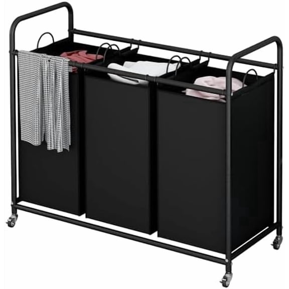 3-Bag Laundry Basket, Black Laundry Hamper, 35.6 Gal(135 L) Laundry Sorter Cart Laundry Room Organization with Heavy Duty Rolling Lockable Wheels and Removable Bags