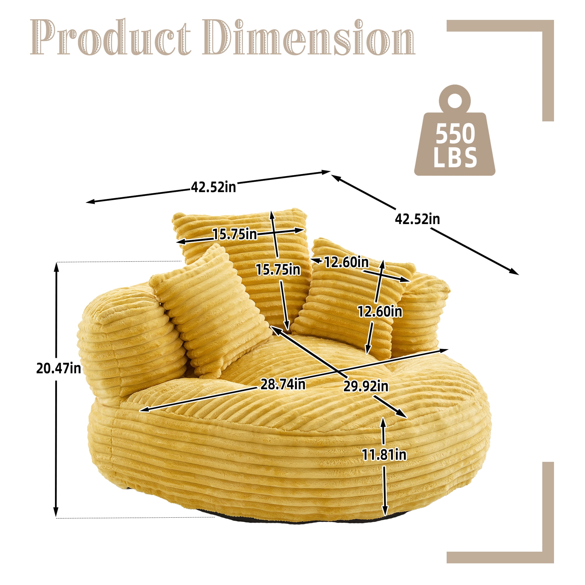 CKEASEAN Oversized Bean Bag Chair for Adults with Armrests & 3 Pillows, Corduroy Bean Bag Sofa with Memory Foam Filler, Lazy Floor Chair No Assembly, Comfy Lounge Seat for Living Room Relaxing