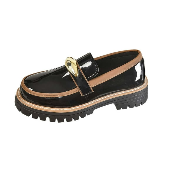 Wensltd Women's Fashion Loafers Black Solid Color Round Toe Thick Sole Slip-On Shoes for Daily Wear Office Work