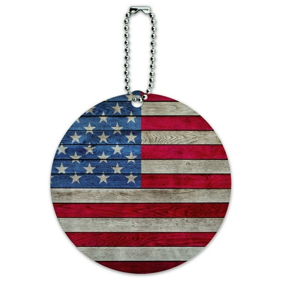 Rustic American Flag Wood Grain Design Round Luggage ID Tag Card Suitcase Carry-On