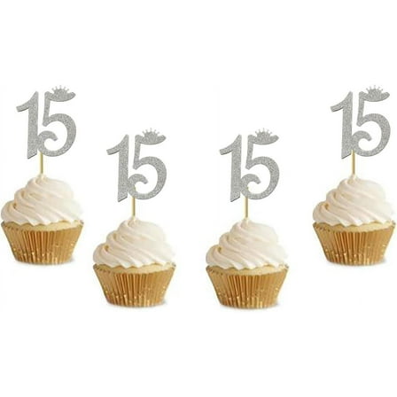 10pcs of Number "15" Cupcake Toppers Glitter Sliver 15th Birthday Party Anniversary Party Cupcake Toppers