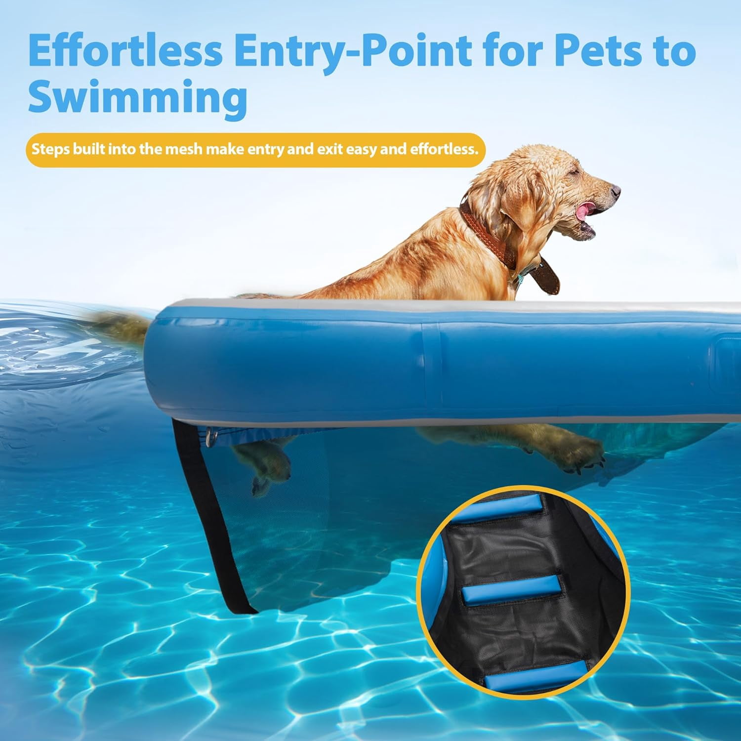 Blue Inflatable Dog Boat Ramp - Floating Dock Ladder for Pool/Lake, Non-Slip EVA Foam Platform Supports Up to 230 lbs - Portable & Easy Inflate/Deflate with 4 Steps & Handles