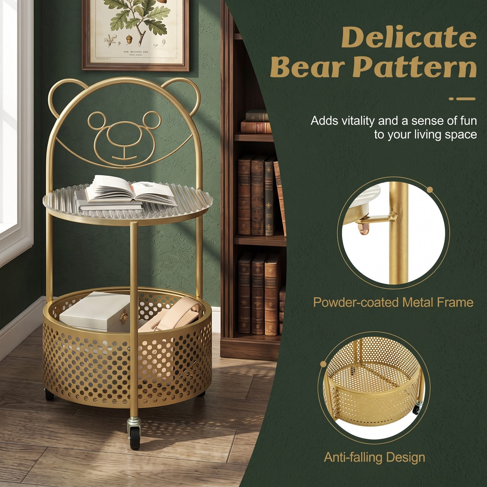 Furnibear Modern Sofa Side Table with Lockable Wheels, Round Tempered Glass End Table with Metal Storage Basket for Living Room Bedroom Study, Rolling C-Shaped, Gold