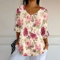 thumbnail image 2 of Tittly Graphic Tees for Women, 3/4 Sleeve Shirts for Women Dressy Tunic Tops Casual Wear with Floral, V Neck Tops for Women, Fashion Clothing for Women Pink XL, 2 of 5