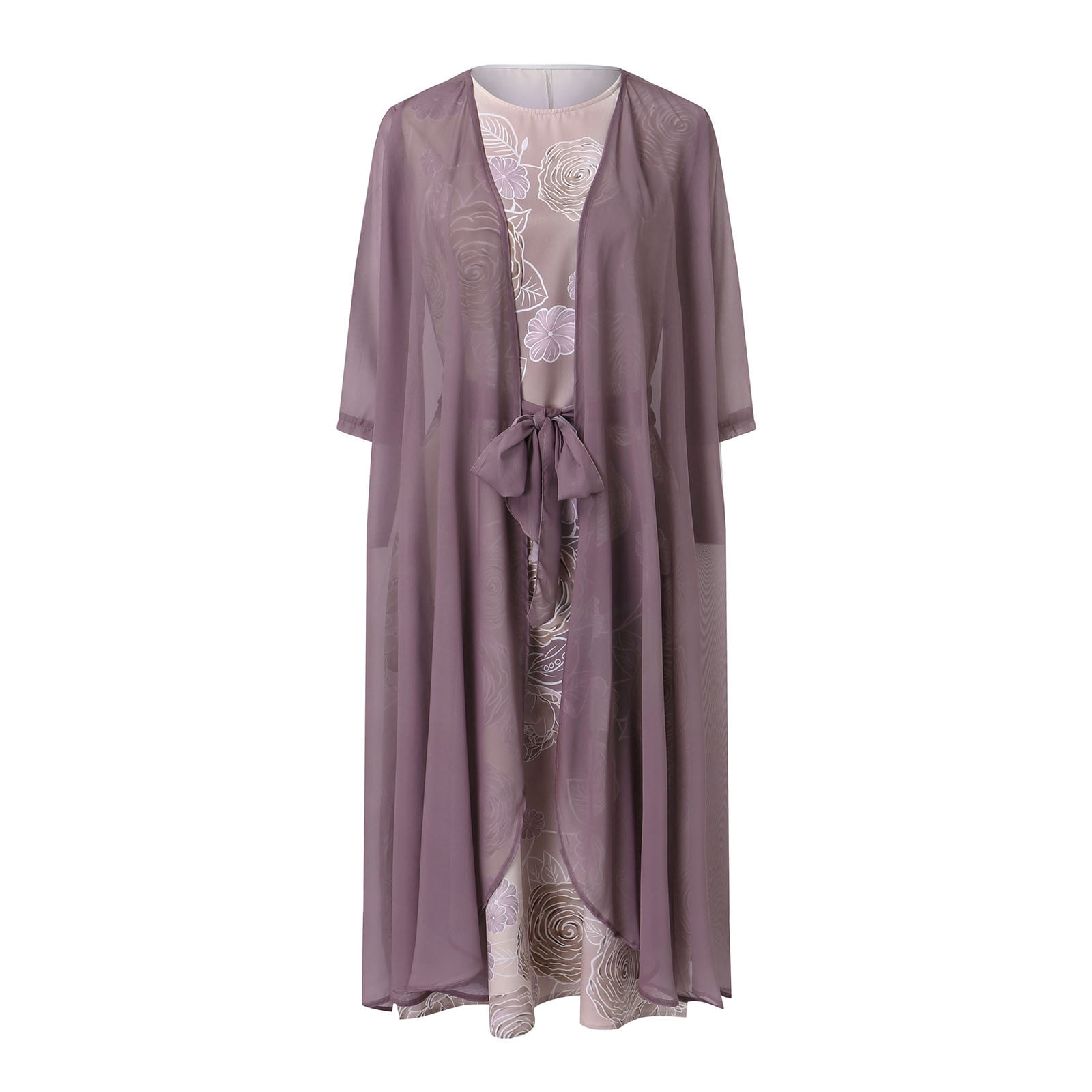 Herrnalise Plus Size Maxi Dresses for Women 2024 Women's Chiffon Dress Bohemian Dress 3/4 Sleeve Floral Embroidered Layered Waist Drawstring Fall Round Neck A Line Dress Pink