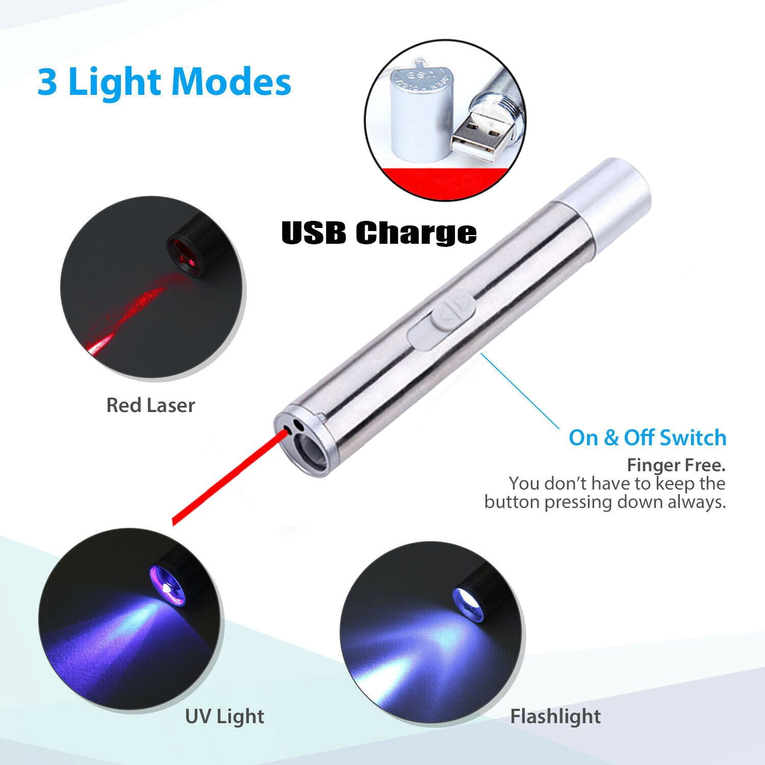 3in1 1mw Cat Laser Pointer Pen USB Rechargeable For Cat Toy White Torch & UV Light