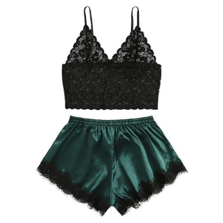 

Ame Women s Lace Satin Sleepwear Satin Shorts Pajamas Suspenders Shorts Suit Pajamas