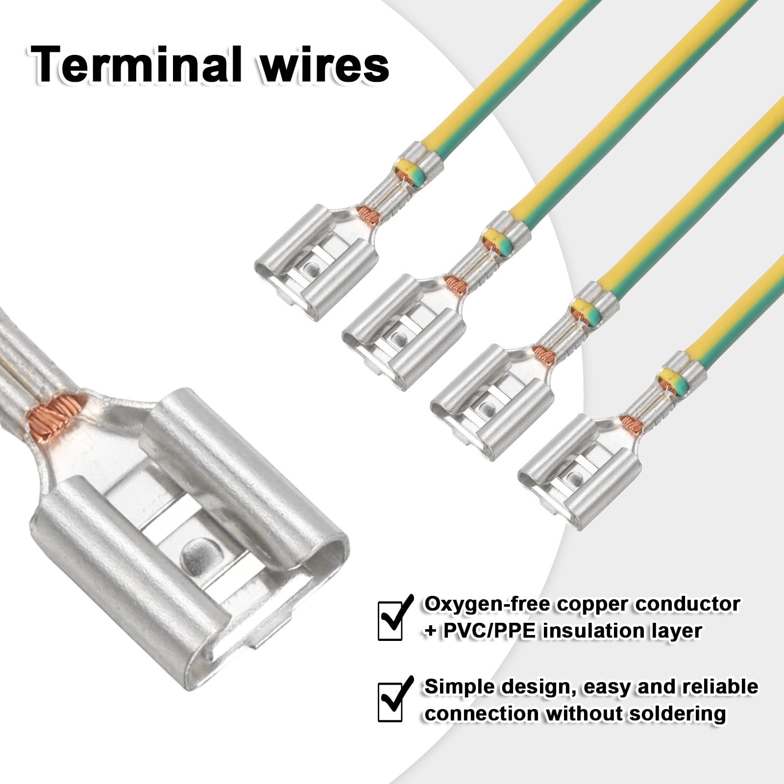 60 Pack Female Spade Crimp Terminal with Insulating Sleeve 6.30mm, Female Spade Quick Connector Assortment Kit with 20cm Wires, Flame Retardant Cover, Yellow/Green