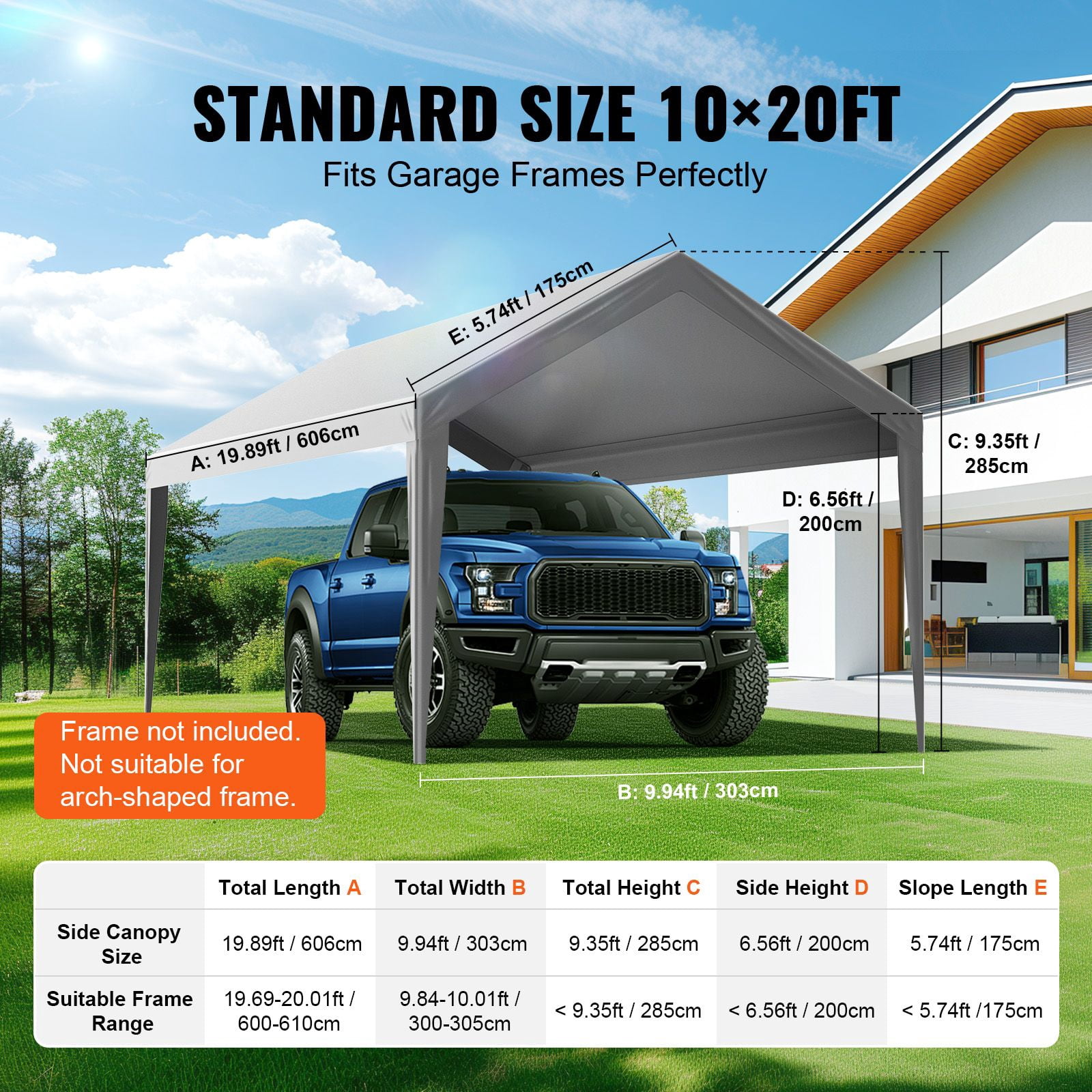 10' x 20' Carport Replacement Canopy Cover, Heavy Duty Waterproof UV Resistant Garage Top Tent Tarp Shelter, Outdoor All Weather Car Shelter Roof Cover with Bungee Cords, Gray, Frame Not Included