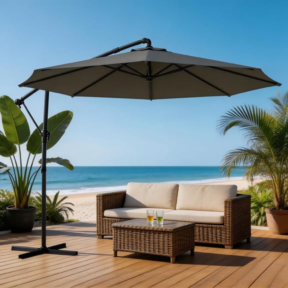 9.8ft Patio Umbrella, Offset Outdoor Cantilever Hanging Umbrella with 360-degree Rotation for Yard, Garden, Deck, Gray