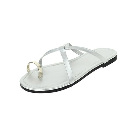

JeashCHAT Clearance Slip On Slide Sandals for Women Women s Strappy Flat Sandals Casual Vacation Comfortable Breathable Flat Sandals (Silver)
