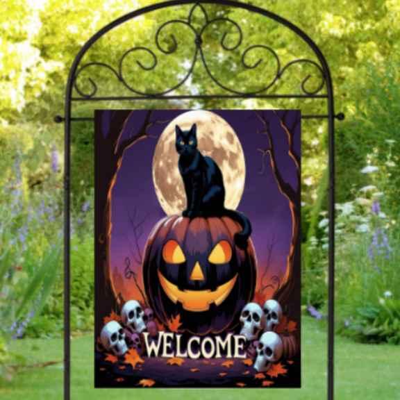 12x18" Halloween Black Cat Garden Flag - Spooky Pumpkin, Moon & Welcome Outdoor Decor