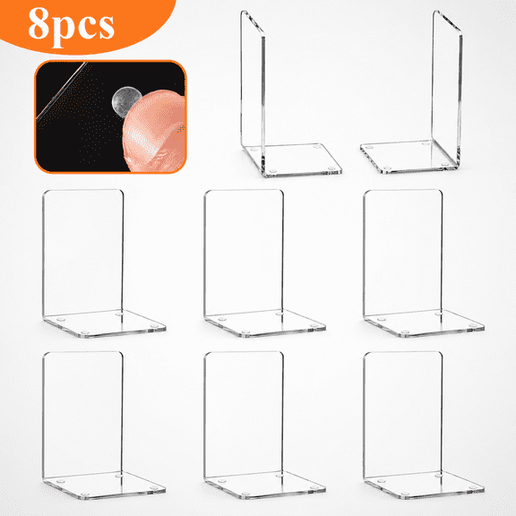 Acrylic Bookends 8 Pieces, Clear Bookends with Non-Slip Stickers Decorative Book Ends for Shelves Book Holder Stand for Desktop Organizer, Book Stopper for Home Library Office Supplies