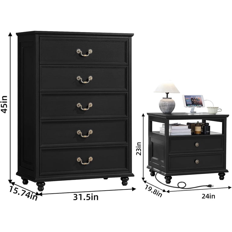 Joaxswe Bedroom Tall Dresser Set & 2 Nightstands with Charging Station, Farmhouse Bedroom Furniture Set with Spacious Storage, 3 Piece, Black