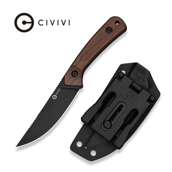 CIVIVI Carveth Fixed Blade Knife with 1PC Black Lanyard, Black Kydex Sheath & T-Clip, Tactical Knife with 3.59" Black Stonewashed AEB-L Blade Guibourtia Wood Handle C25040-3