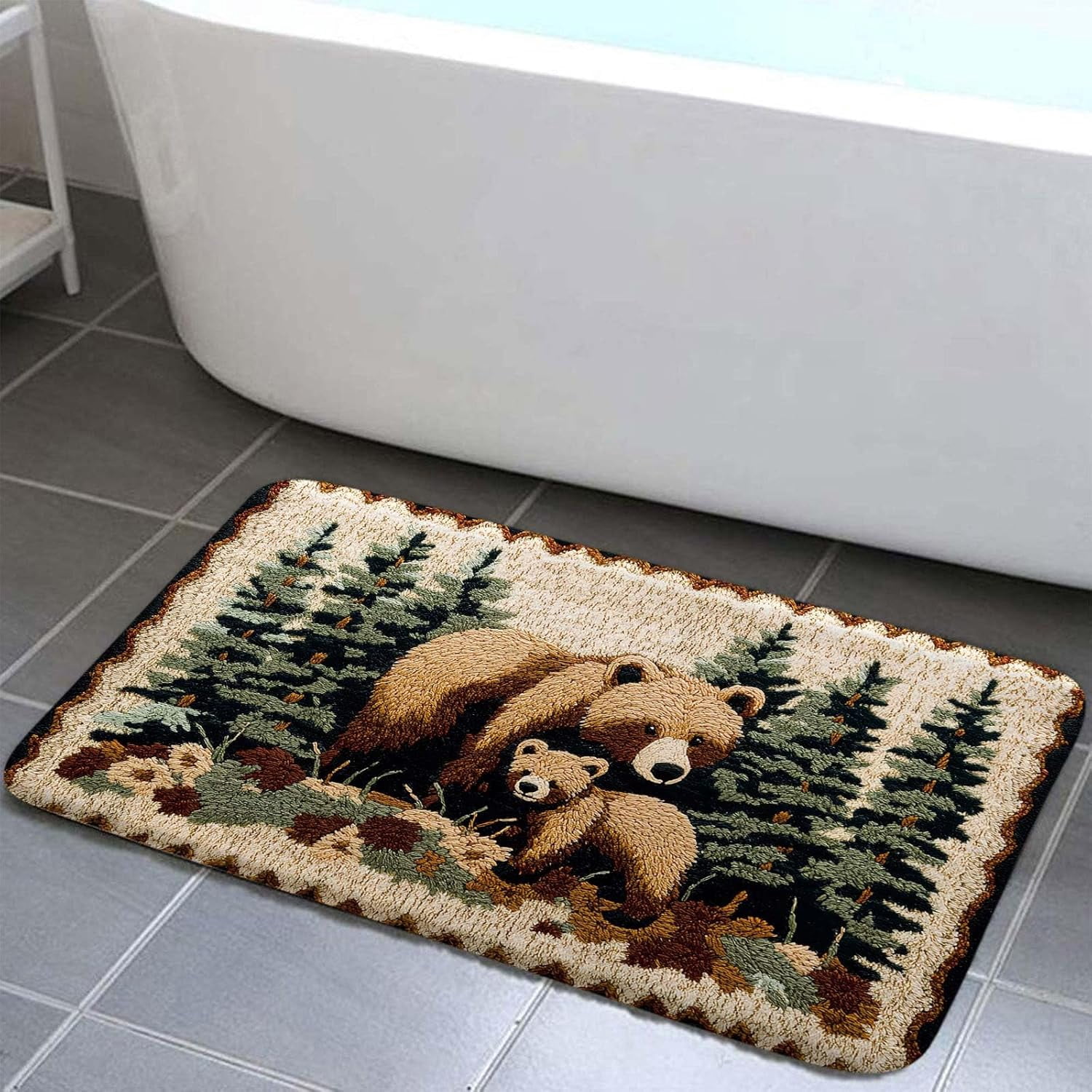 Bear Rug Farmhouse Bathroom Rugs Animal Brown Bear Forest Trees Rustic Cabin Carpet Camping Bath Rug Sets for Bathroom Bedroom Kitchen Outdoor Indoor, 19X31in