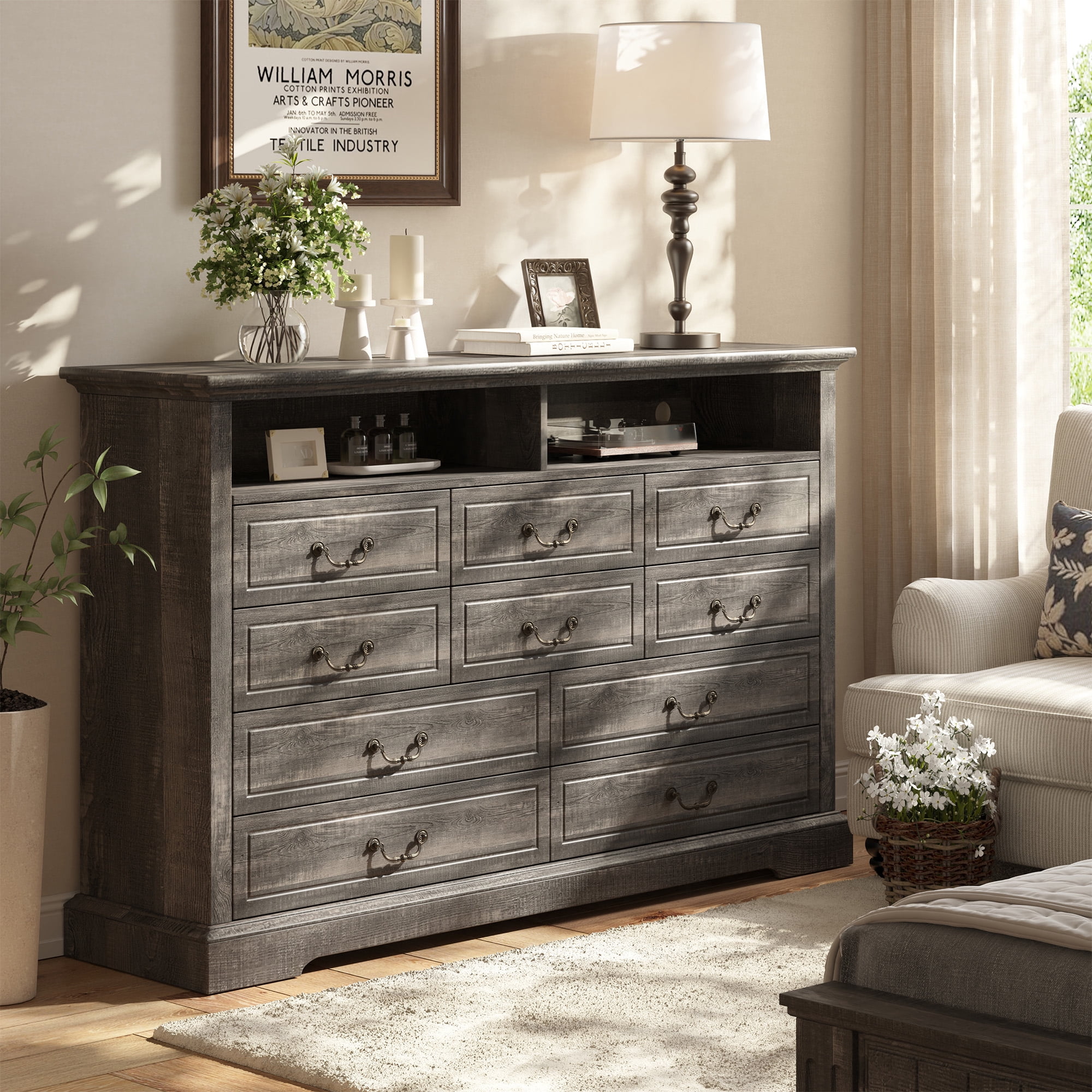 EnHomee Wood Dresser 10 Drawers Dressers for Bedroom with LED Lights and Power Outlets,Rustic Oak