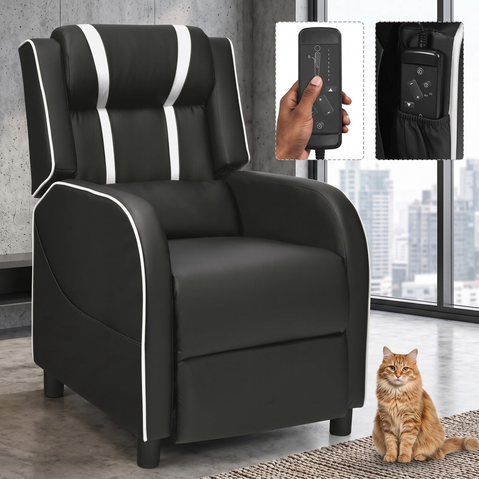 Furnibear Massage Gaming Recliner Chair, Ergonomic PU Leather Racing Style Reclining Sofa with Footrest, Lumbar Massage, Headrest Pillow and Remote for Home, White