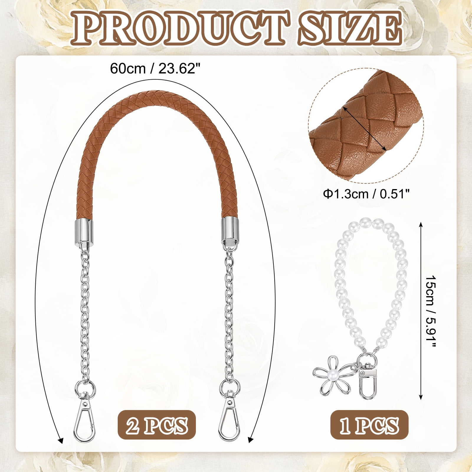 Uxcell 2 Pcs PU Leather Chain Purse Strap, 23.6 Inch Braided Purse Handles Replacement Strap with Pearl Pendant for Tote Bag Handbag Underarm Bag (Light Brown, Silver Chain)