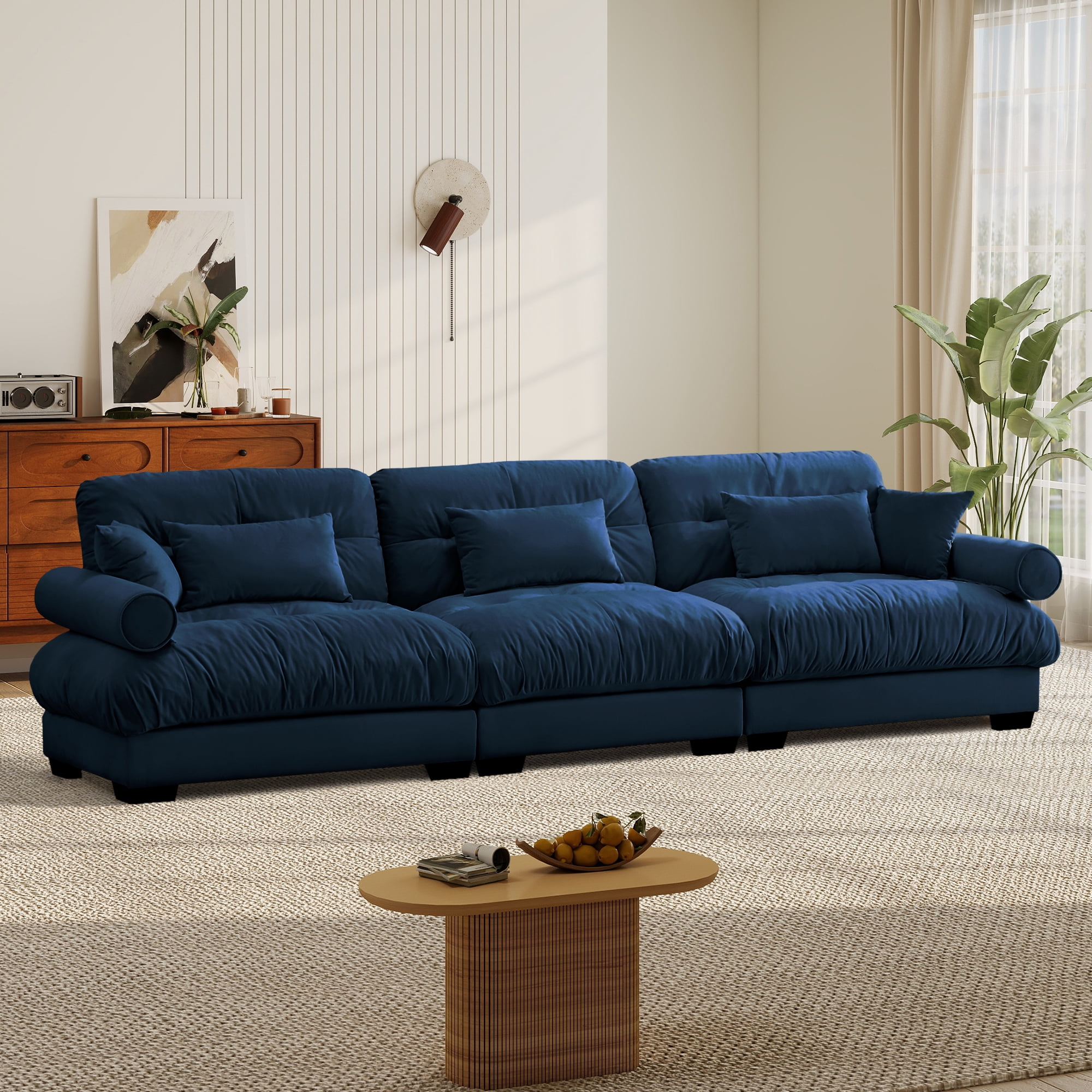 FFH 130" Modular Sectional Sofa, Oversized Modern 3 Seater Sofa Set, Tufted Cloud Couches for Living Room (Velvet Dark Blue, 3 Seater)