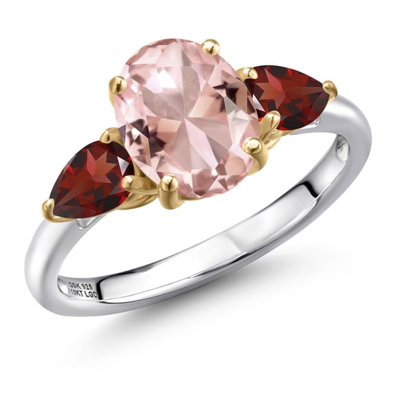Gem Stone King 925 Silver and 10K Yellow Gold Peach Nano Morganite and Red Garnet Engagement Ring for Women | 2.98 Cttw | Oval 9X7MM | Gemstone October Birthstone | Size 9