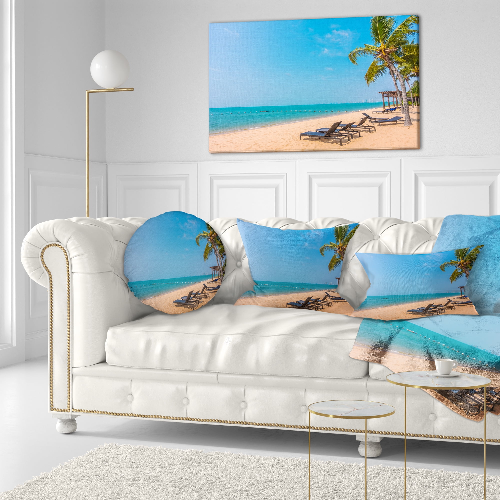Designart Blue Beach with Palm Trees - Seashore Photo Throw Pillow - 12x20