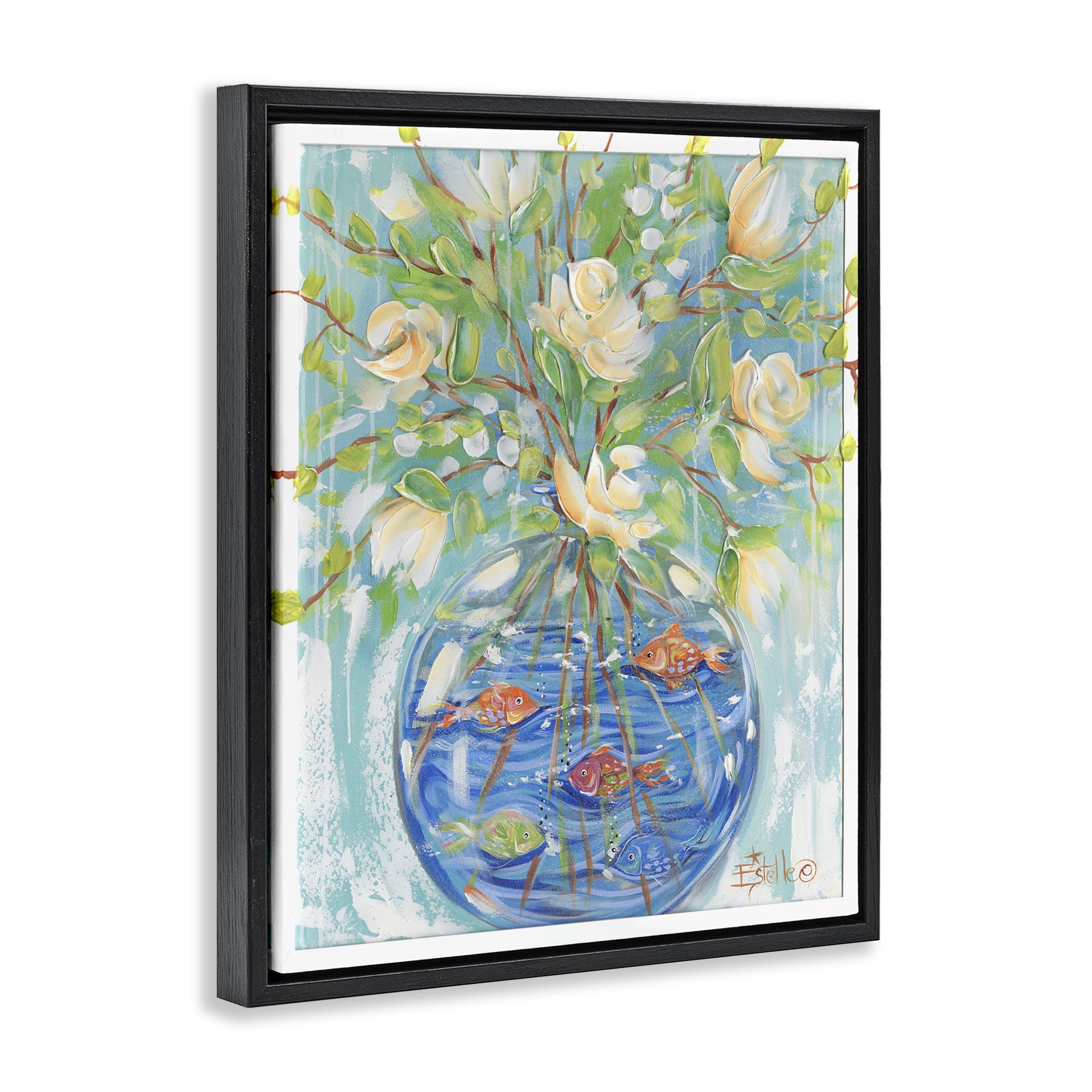 Stupell Industries Fish Bowl Bouquet Plants & Flowers Painting Black Floater Framed Canvas Art Print Wall Art, 17 x 21