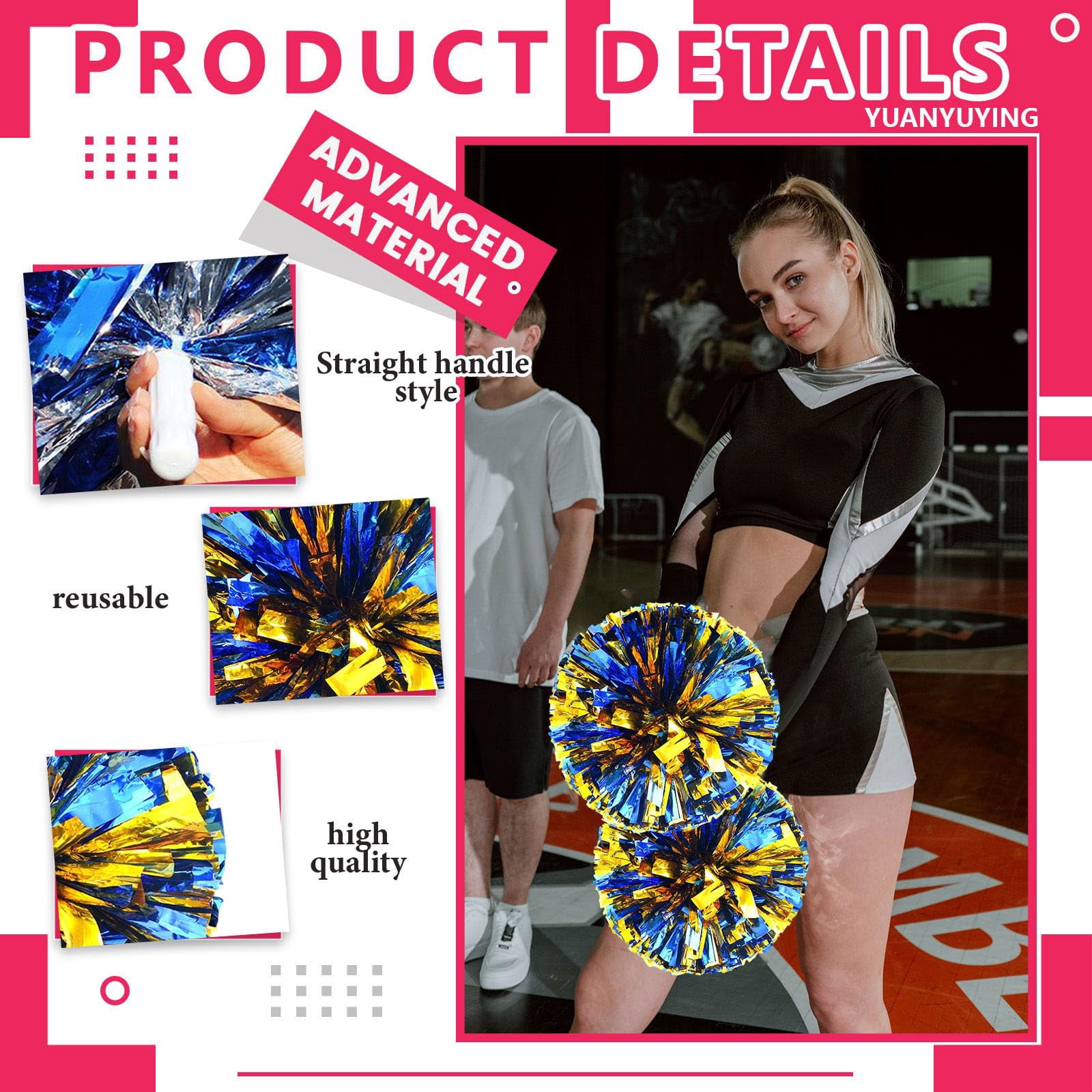 Cheerleading Pom Poms 24 Pcs with Straight Handle, Handheld Squad Pompoms for Sports Team Cheer Spirit Games, Dance Party Adults