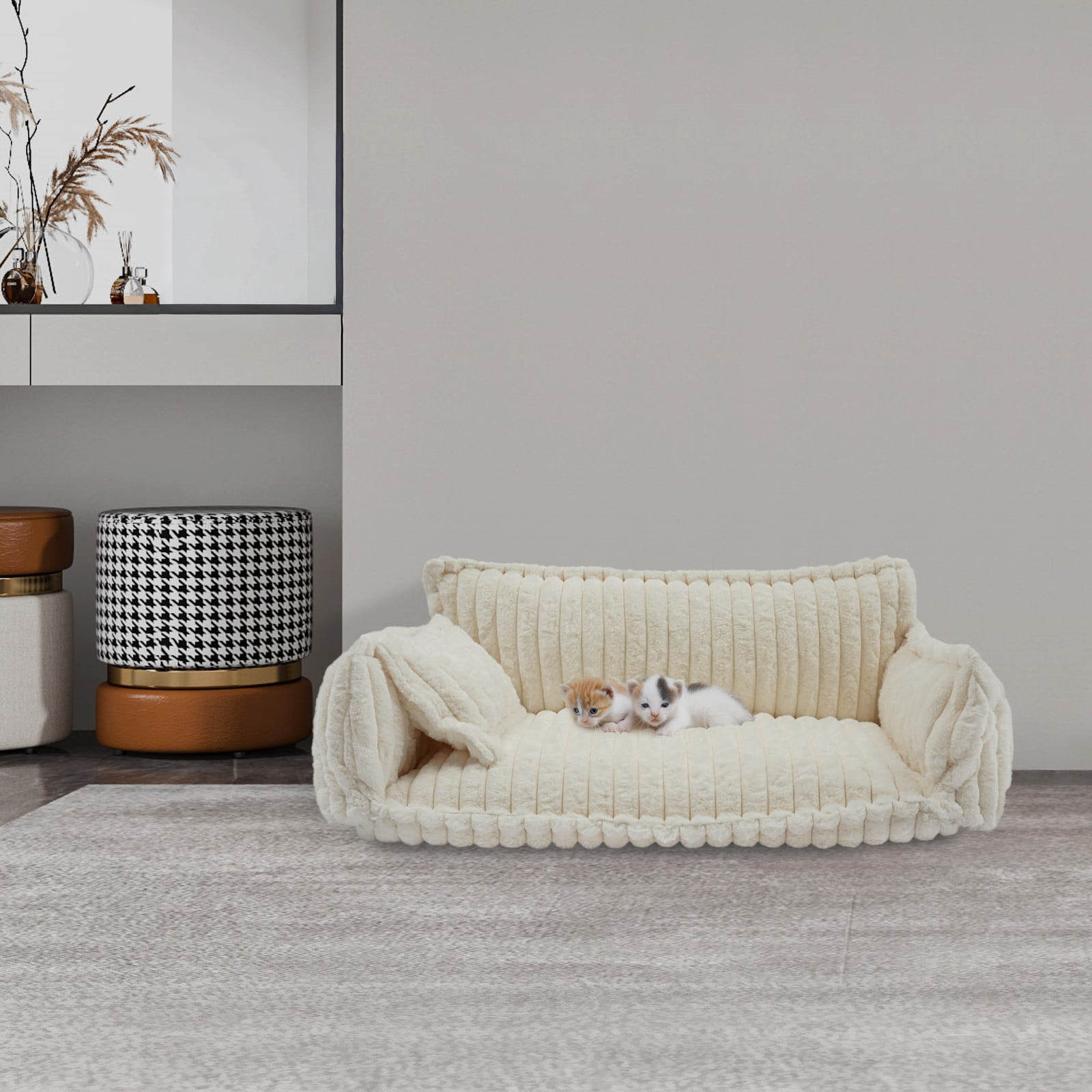 Dog Bed Sofa, XL Plush Pet Couch with Removable Washable Cover, Orthopedic Cushion & Pillow, Non-Slip Bottom for Large Dogs Cats, Modern Home Pet Furniture, White