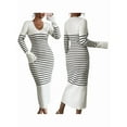 thumbnail image 2 of Women'S Striped V Neck Sweater Dress Long Sleeve Bodycon Midi Dresses Apricot L, 2 of 7