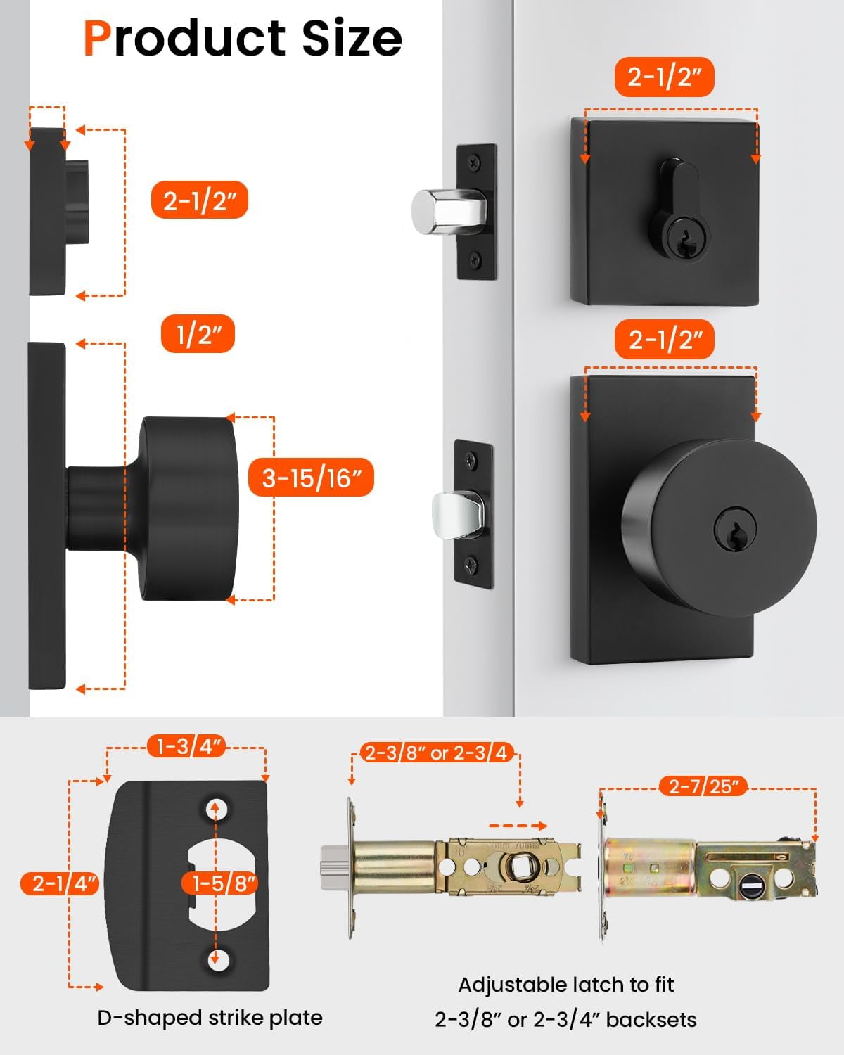 Black Door Knob with Deadbolt, Zinc Alloy Matte Black Exterior Door Lock Set, Heavy Duty Front Door Knob and Deadbolt Set with Lock and Key, Reversible Modern Secure Entry Hardware (2 Pack)