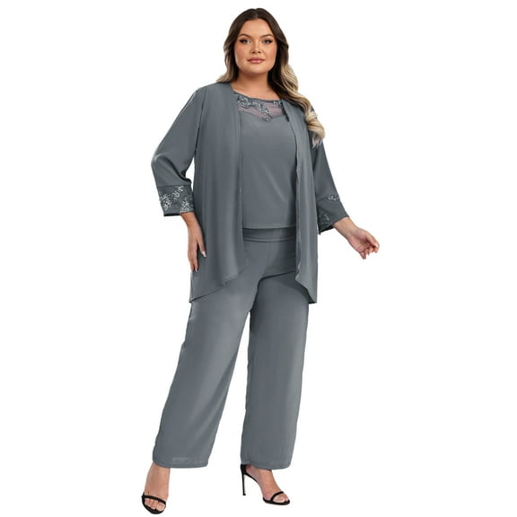 iiniim Womens Elegant Wedding Guest Pants Suit 3 Piece Set Formal Chiffon Lace Evening Party Size S-5XL Gray XXL